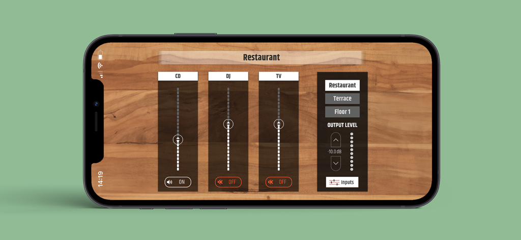 Questra Panels app interface on an iPhone displaying audio volume controls for a restaurant
