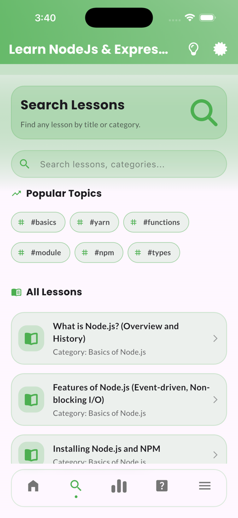 Learn NodeJs & ExpressJs - Tela de busca do aplicativo Learn NodeJs e ExpressJs com uma barra de pesquisa, tags populares como npm e yarn, e uma lista de aulas introdutórias de programação
