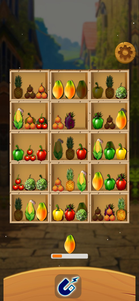다양한 과일과 채소가 있는 나무 선반을 트리플 매치 정리 퍼즐용으로 채우는 모바일 게임 화면