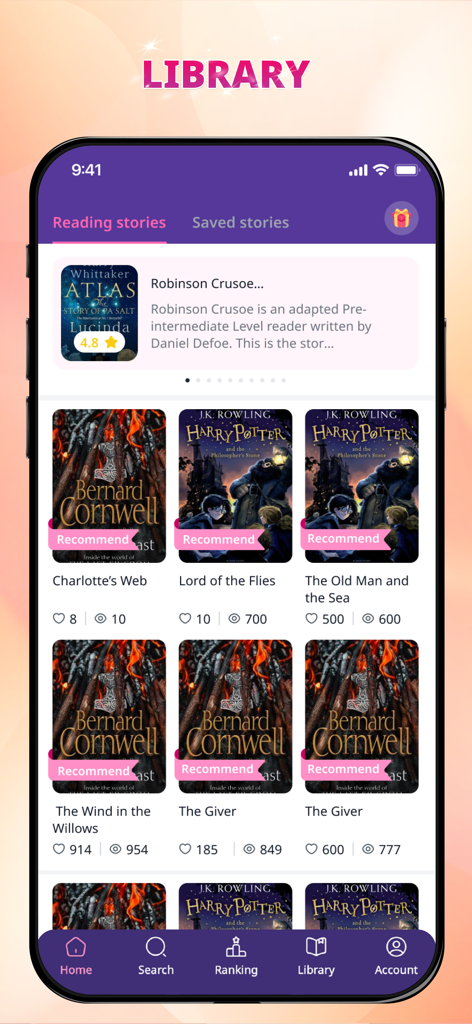 Novel Full -  Read Romance Fic - La interfaz de la biblioteca de la aplicación Novel Full que presenta una colección de recomendaciones de libros y historial de lectura.