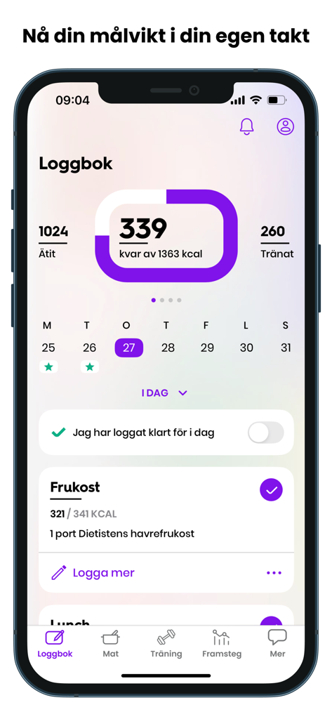 Wellobe - Wellobe mobile app interface displaying a daily calorie logbook with meal entries and activity tracking