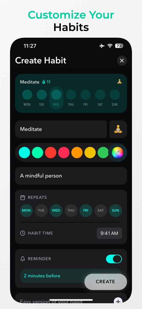 The habit creation screen in the Haby app showing meditation settings and reminders