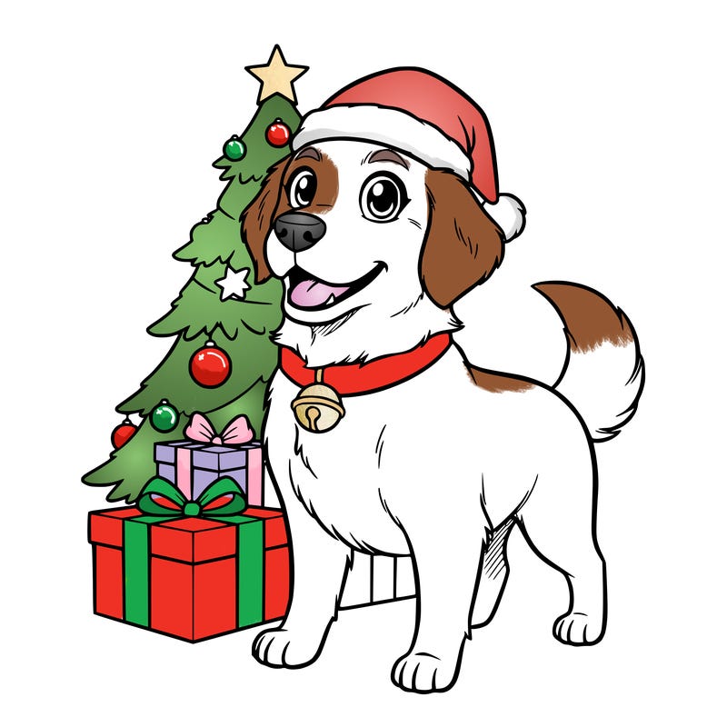 christmas dog with presents behind it