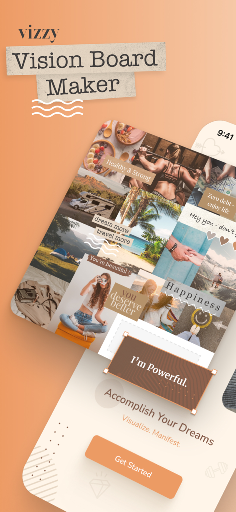 2026 Vision Board Maker Vizzy - Intro screen of the Vizzy app showing an aesthetic vision board collage with manifestation quotes and a get started button.