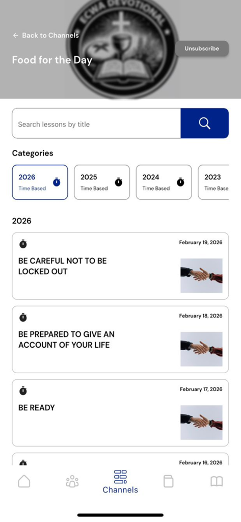 ECWA INTL. - ECWA INTL app Food for the Day screen with daily devotional lessons and yearly categories
