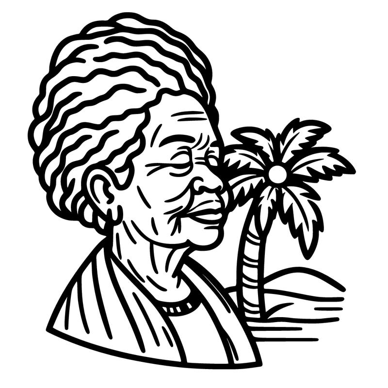 portrait of an old black woman with palm tree
