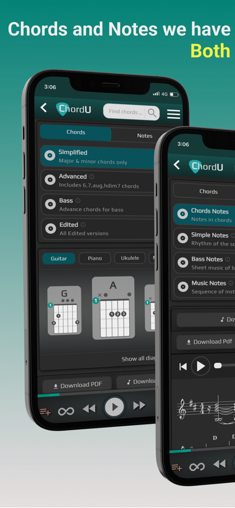 ChordU - get chords & notes - Interface of ChordU app showing music chords and sheet music on mobile devices
