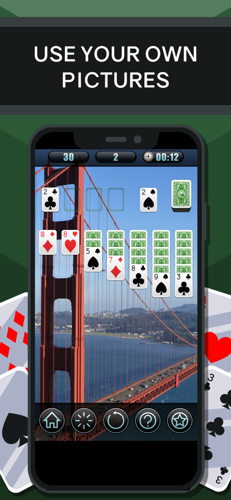 iPhone screenshot of Solitaire The Card Game featuring a custom photo background of the Golden Gate Bridge