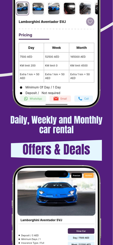 TAJEER | RENT A CAR in Dubai - ドバイでランボルギーニ・アヴェンタドールの日次、週次、月次レンタル価格を表示するTAJEERモバイルアプリインターフェース