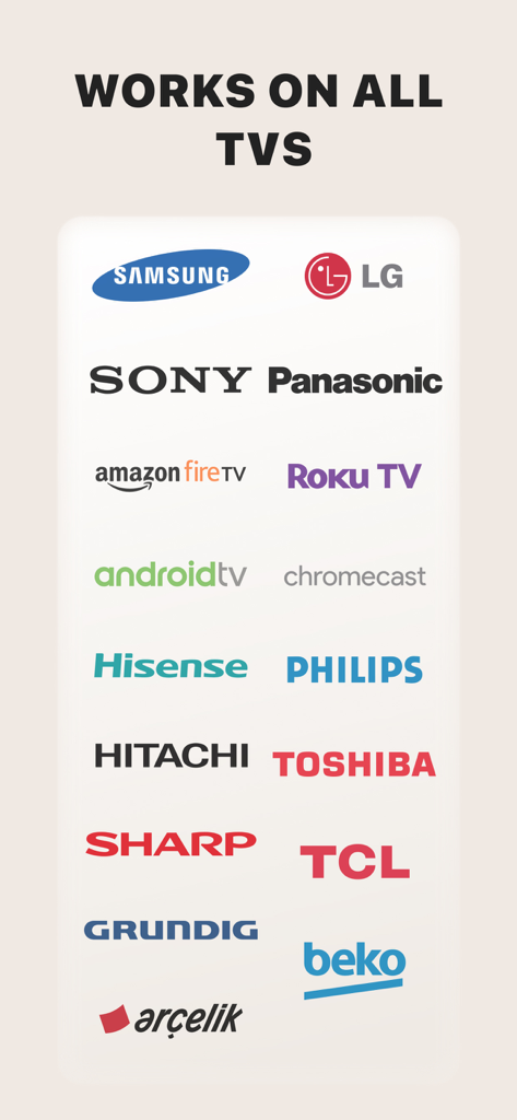 Eine Liste von Logos von TV-Marken, die mit der Firestick Remote- und Cast-App kompatibel sind, einschließlich Samsung LG Sony und Amazon Fire TV
