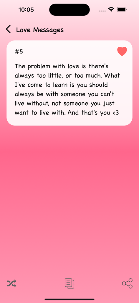 A romantic love message displayed on a pink card within the app interface