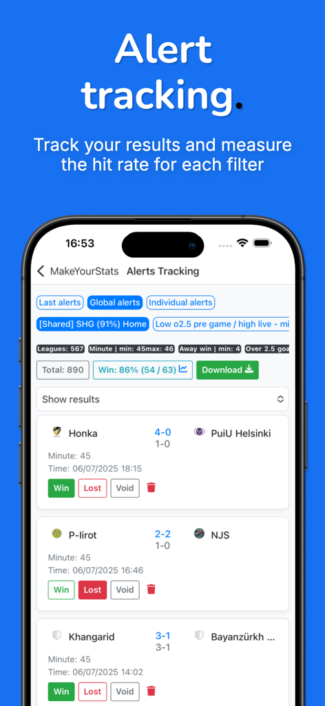 Alert tracking dashboard in MakeYourStats app showing win rates and betting filter performance.