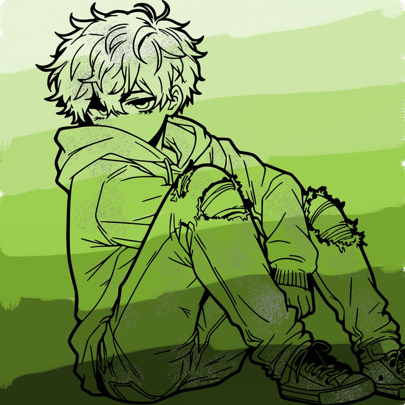 a male hoddie ripped jeans messy hair anime