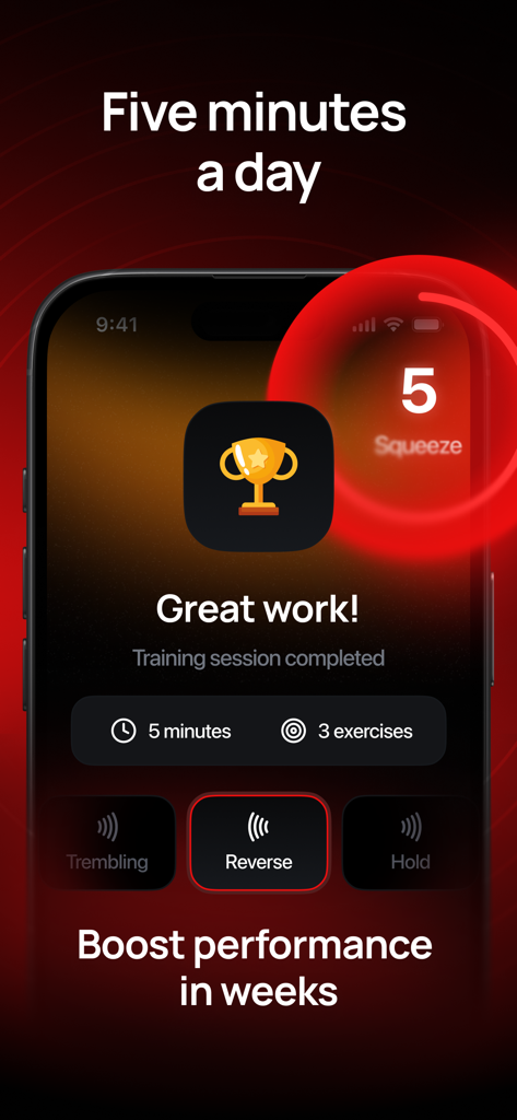 Mobile app screen showing a completed five minute sexual stamina training session with a trophy icon
