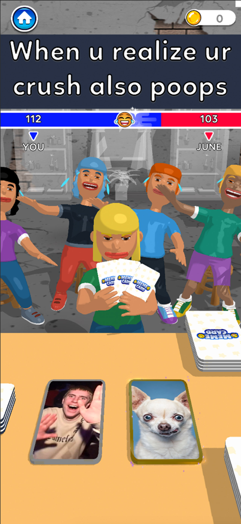 Meme Challenge gameplay screenshot showing a funny scenario prompt about a crush and a selection of meme cards to play.