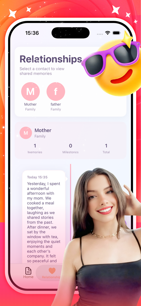 Lureta app interface displaying a relationship timeline with shared memories and contact icons