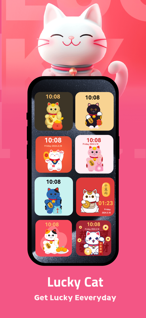 iPhone home screen displaying several colorful and aesthetic lucky cat widgets