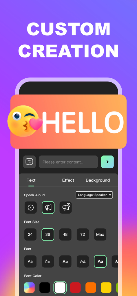 Interfaz de la aplicación LED Banner Marquee Maker que muestra opciones de personalización para el tamaño, la fuente y el color del texto