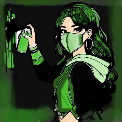 realistic girl with mask spray painting a wall