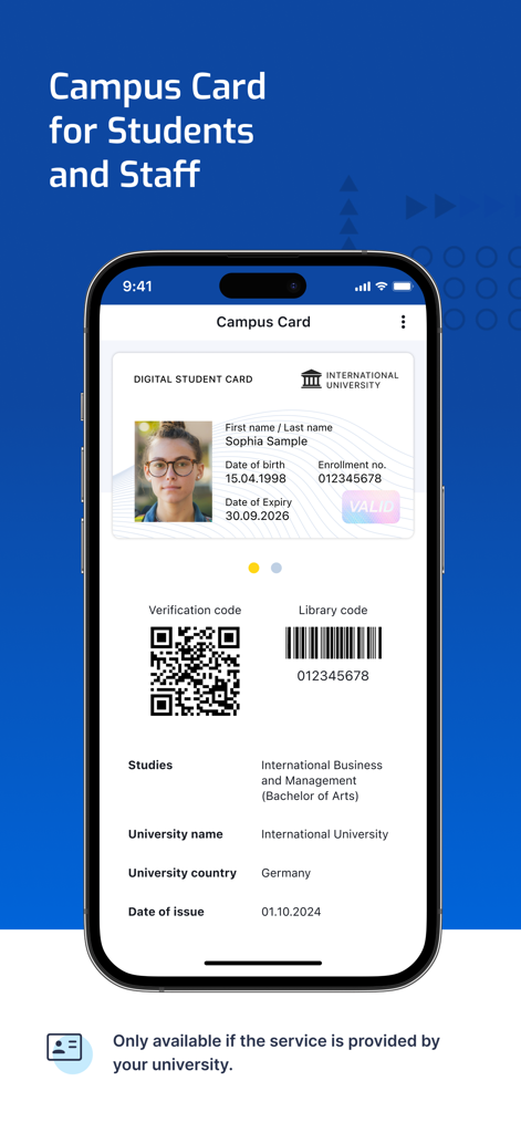 Digital Campus Card - デジタルキャンパスカードのモバイルアプリ。QRコードと大学の詳細が表示されたデジタル学生IDを示しています
