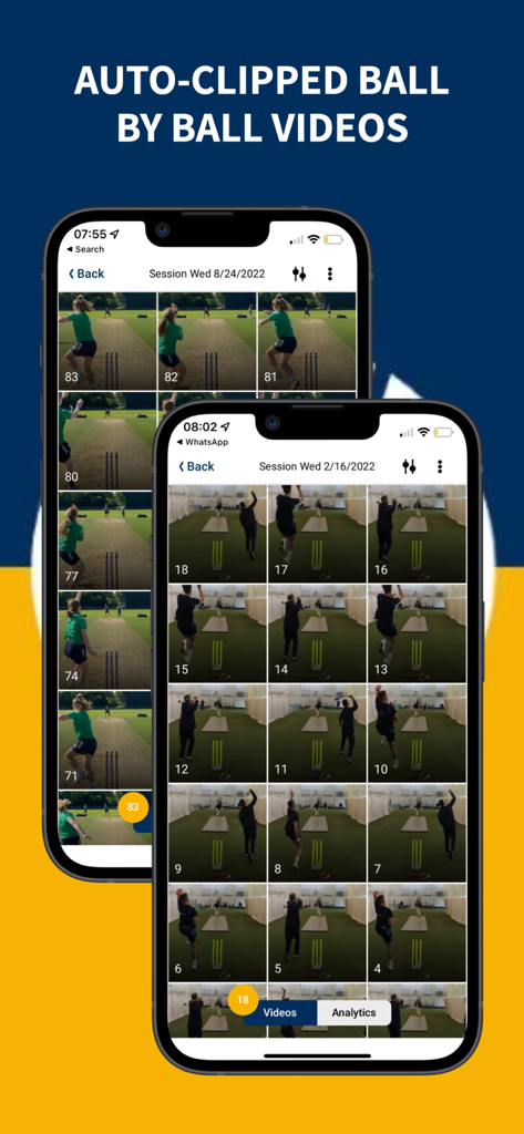 Fulltrack AI mobile app interface showing a grid of automatically clipped cricket ball by ball training videos