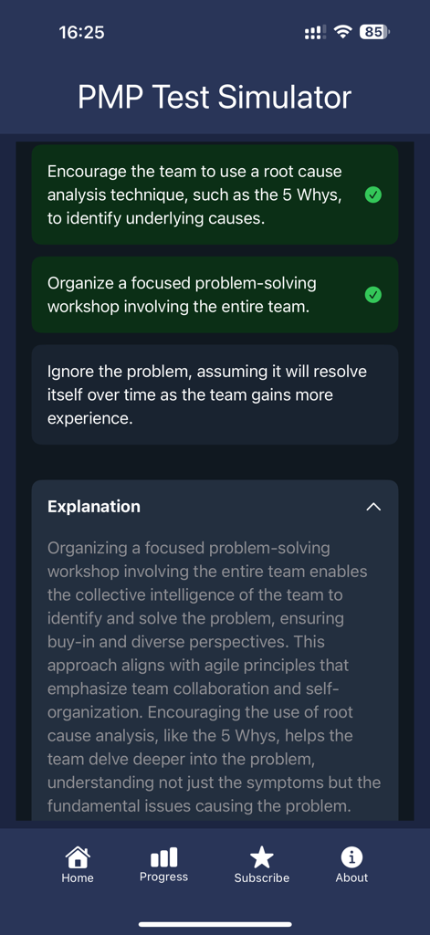PMP Test Simulator - Una pantalla de pregunta de práctica de la aplicación Simulador de Examen PMP que muestra opciones de opción múltiple y una explicación detallada de los principios ágiles.