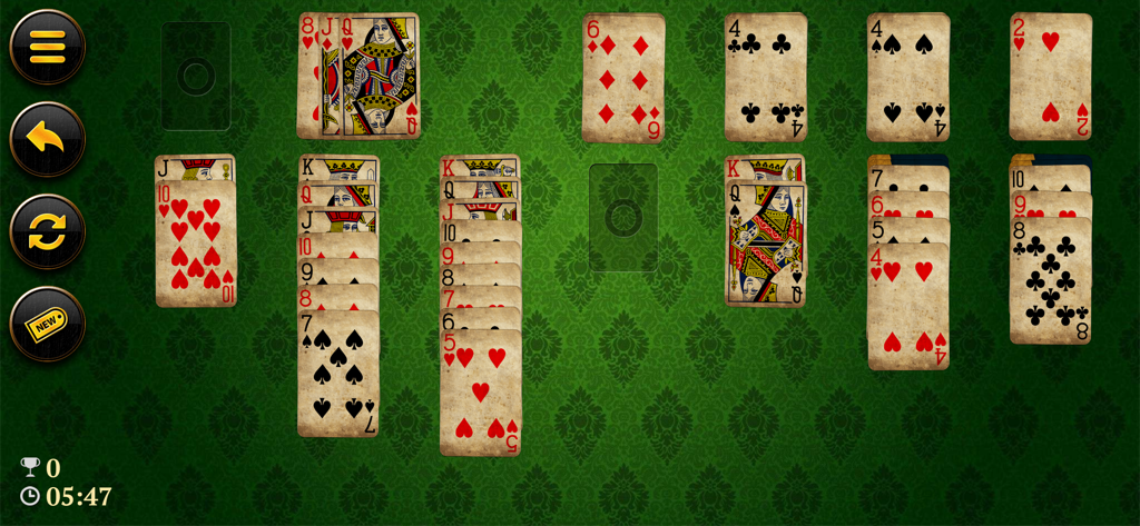 Elite Klondike Solitaire - Jugabilidad de Elite Klondike Solitaire en modo horizontal con cartas vintage desgastadas sobre un fondo de fieltro verde