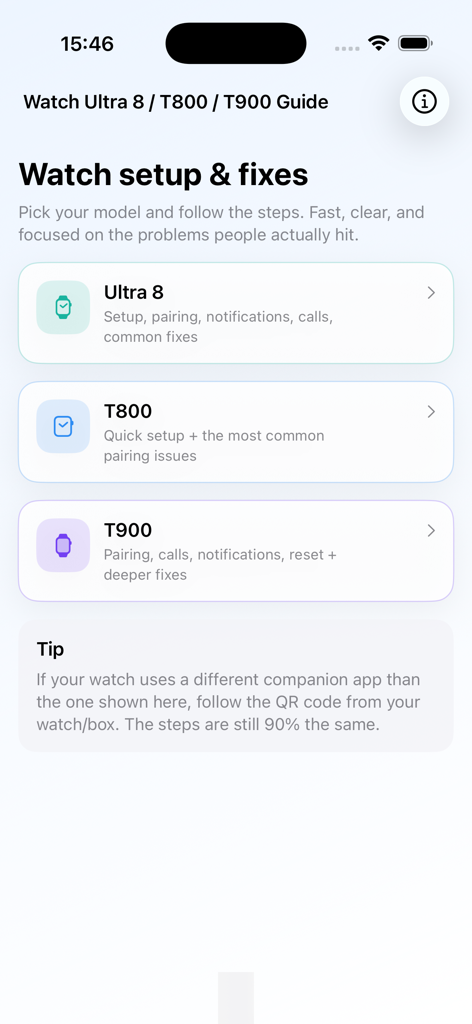 8 Ultra T800 T900 Watch Guide - Tela de menu para selecionar guias de configuração e solução de problemas do Watch Ultra 8 T800 ou T900.
