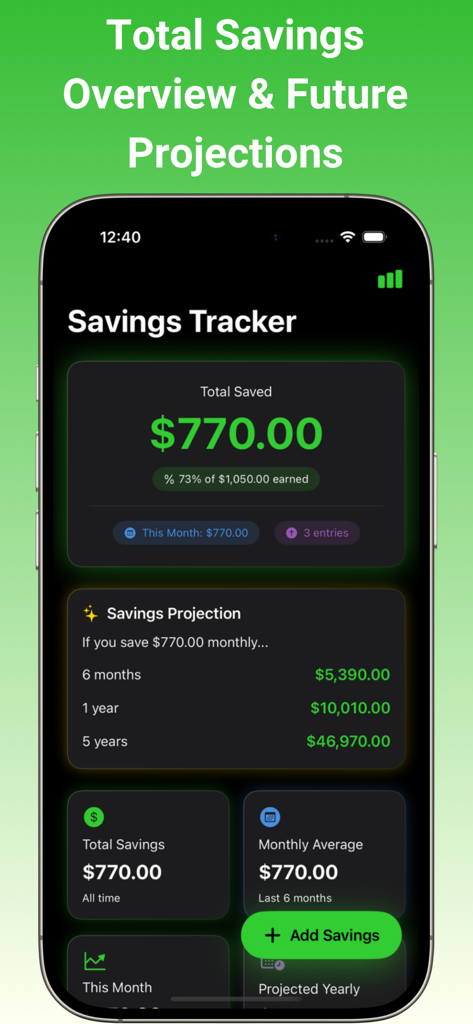 Savings - Money Tracker - Dashboard of the Savings Tracker app showing a total saved amount of 770 dollars and future wealth growth projections