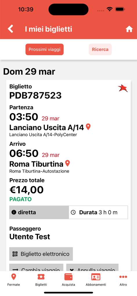 A digital bus ticket in the DiCarloBus app showing a trip from Lanciano to Rome Tiburtina for fourteen euros.