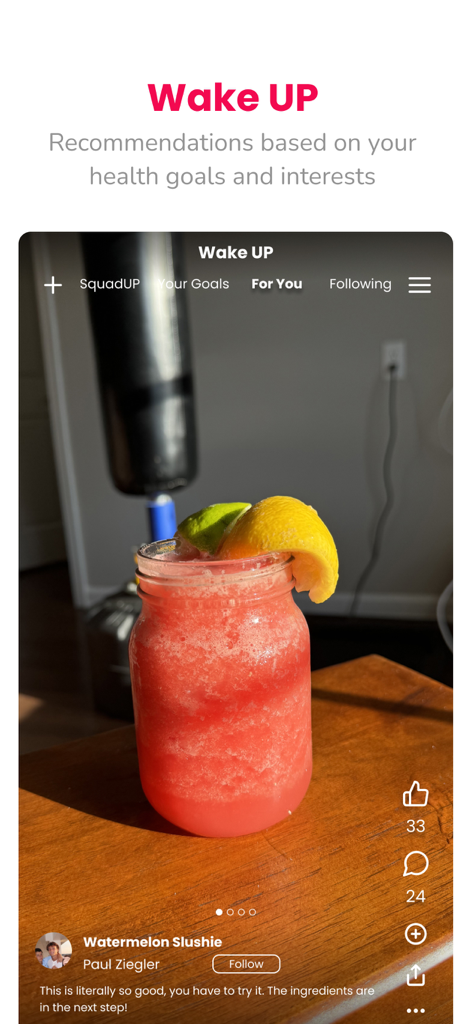 Upspace - Upspace app interface showing a watermelon slushie video recommendation based on health goals