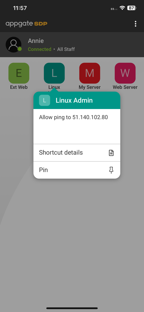 Una captura de pantalla de la aplicación móvil Appgate SDP que muestra un perfil de usuario conectado y un menú de acceso directo para el acceso de administración de Linux.