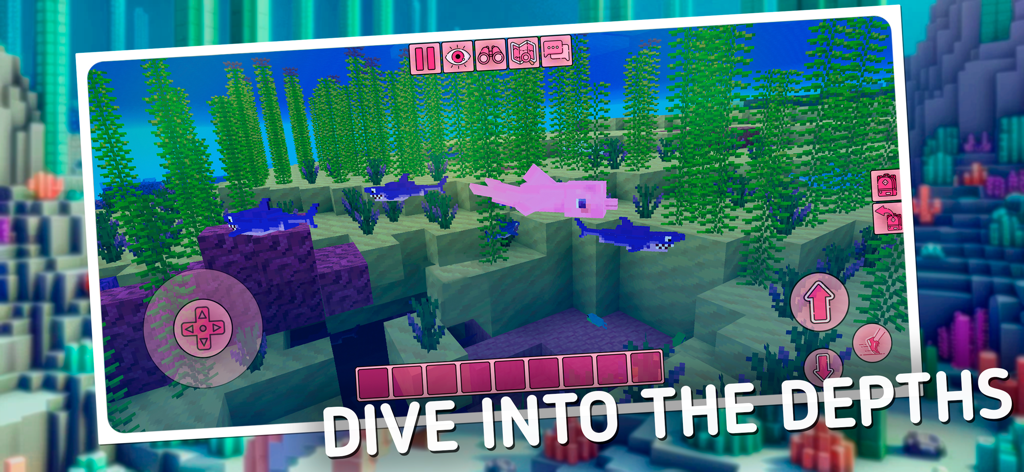 An underwater scene in Kawaii World featuring a pink dolphin and blue sharks in a blocky aquatic environment with pink controls