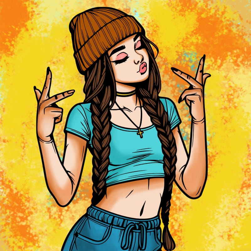 realistic teenage girl with braids and a beanie and crop top doing 🫶🏼