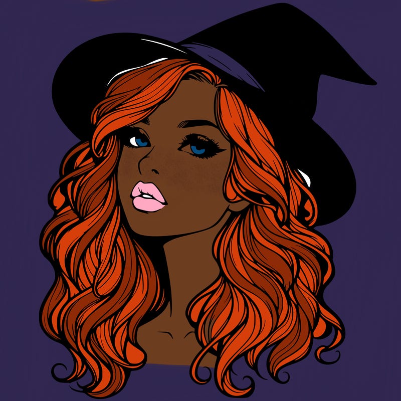 realistic witch girl with wavy hair and lips