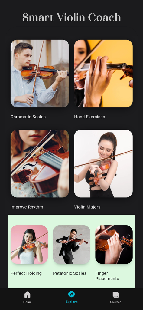 Violin Lessons For Beginner - Explore screen of the Violin Lessons For Beginner app featuring various skill categories like scales and hand exercises