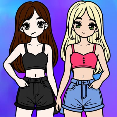 two sisters with crop tops and jean shorts and straight hair