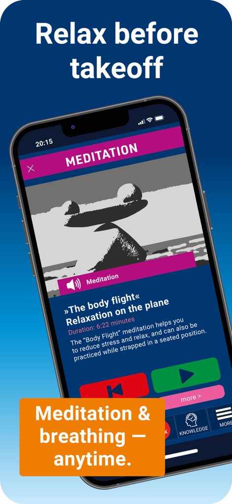 PassengerGuard: Fear of Flying - Pantalla de la aplicación PassengerGuard que muestra ejercicios de meditación y respiración para la relajación durante el vuelo