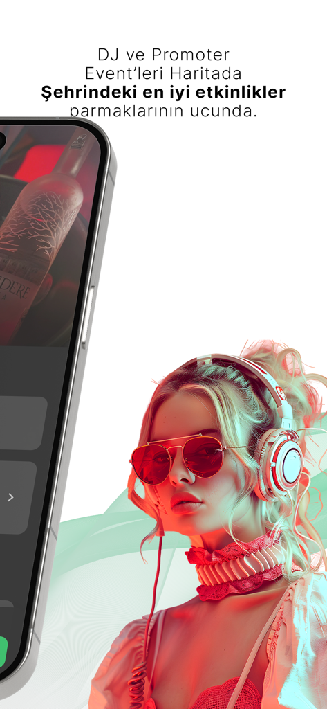 Tanışma, Arkadaşlık & Flört - A woman wearing headphones and sunglasses next to a phone displaying local DJ and promoter events on the Skoal app