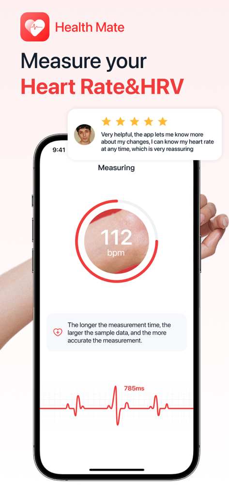 iHeart-Pulse Rate Monitor App. - iPhone-Bildschirm, der die Herzfrequenz und HRV in der iHeart-App misst