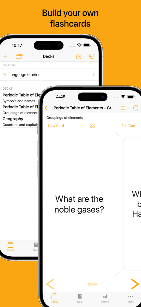 Flashcards - Build Your Own - Pantallas de iPhone que muestran la interfaz de la aplicación Tarjetas de Memoria con mazos de estudio personalizados y una tarjeta de memoria de química.