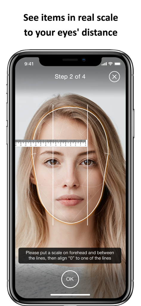 VirTry - 3D Fitting of Glasses - A mobile screen showing a facial calibration step with a virtual scale to measure eye distance for accurate 3D glasses fitting.