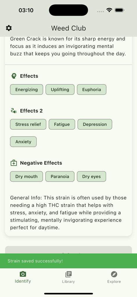 Weed Scan AI : THC Identifier - Detailed view of cannabis strain effects and information in the Weed Scan AI app
