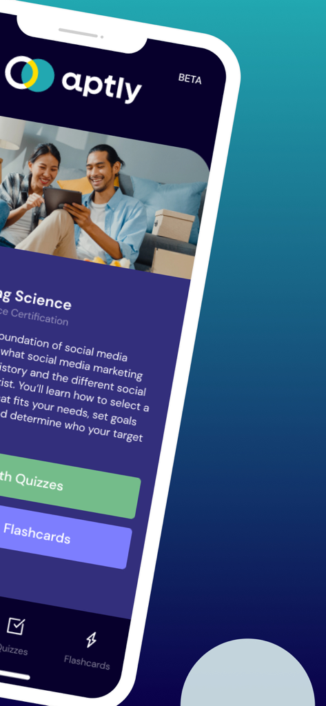 Aptly Study - Interface do aplicativo Aptly Study mostrando detalhes do curso de certificação profissional com opções de quizzes e flashcards