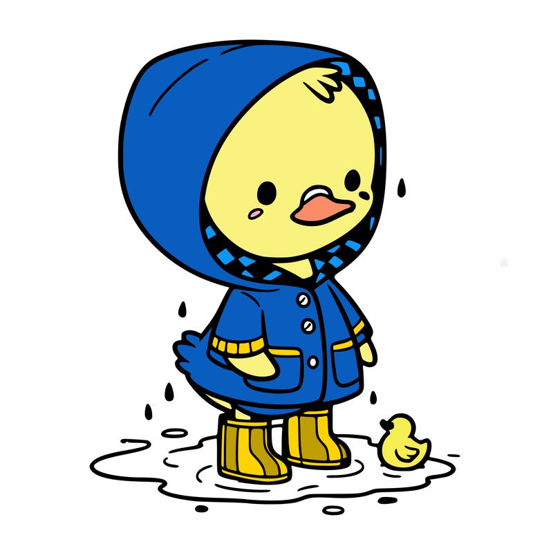 baby duck in a rain coat and boots, in a puddle while it’s raining