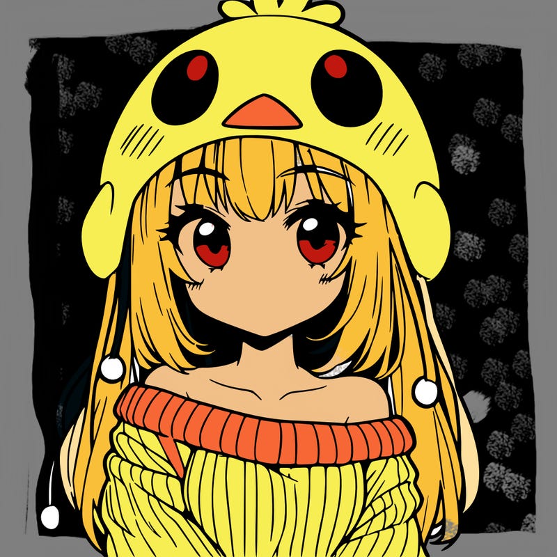 anime girl with chick shaped hat with sweater with bare shoulders with bangs covering them one eye with low tail