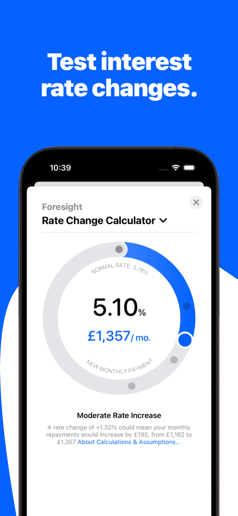 Mortgage Calculator: Mortgages - Mortgage Calculator app interface showing the Foresight Rate Change Calculator simulating an interest rate hike and its impact on monthly payments.