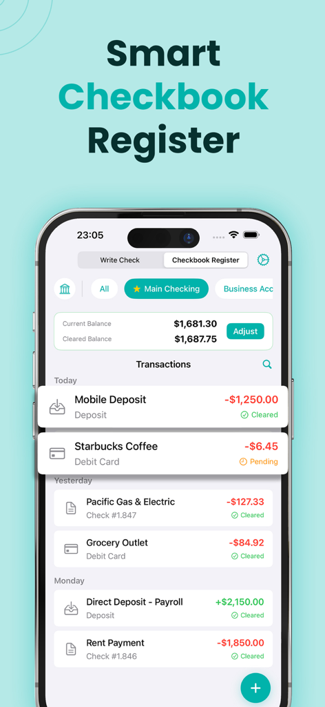 Check Writer: QuickCheck - Un teléfono móvil mostrando el registro de chequera inteligente de la aplicación QuickCheck con una lista de transacciones y seguimiento del saldo de la cuenta.