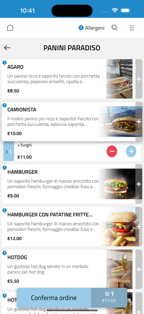 Funivie Lagorai Chalet - Funivie Lagorai Chalet 모바일 앱 음식 메뉴 및 결제 인터페이스