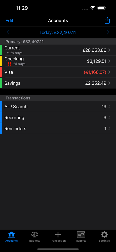Painel do Account Tracker mostrando uma lista de contas financeiras com suporte a várias moedas e resumo de transações.